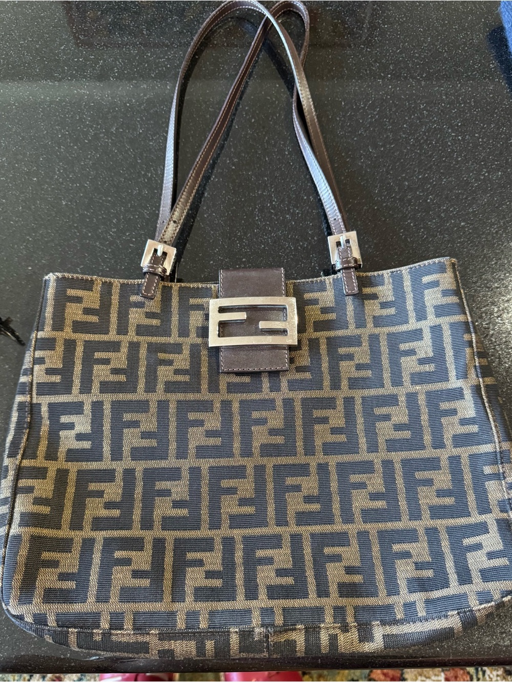 Fendi FF Logo Canvas Shoulder Bag in Brown and Black